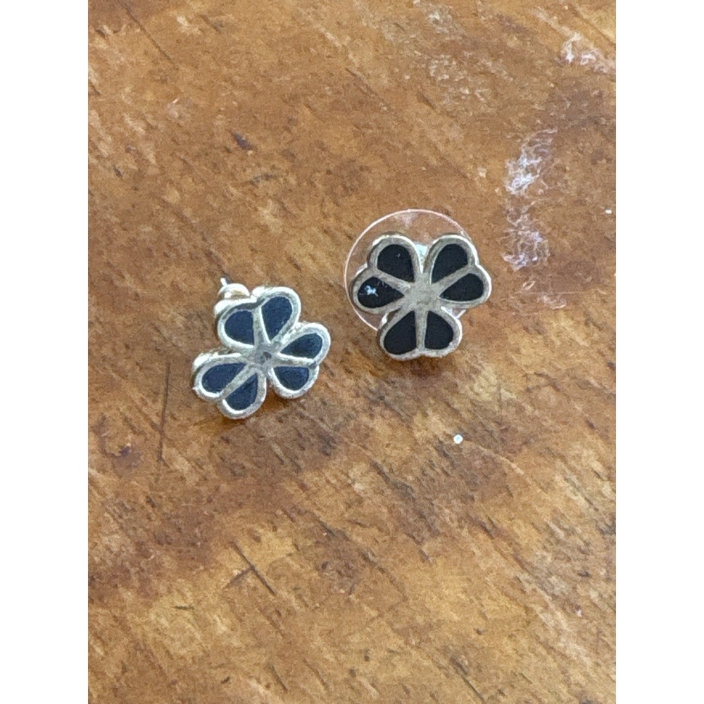 Pilgrim Black Enamel‎ Flower Stud Earrings Gold Tone Floral Signed